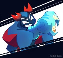 1boy blue_hair blue_skin claws colored_skin cookie_run cookie_run:_ovenbreak highres lobster_claw lobster_cookie one_hell_bunny red_eyes sharp_teeth solo teeth 