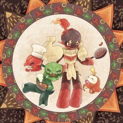  armarouge bell_pepper bell_pepper_slice chef_hat commentary_request fangs food frying_pan fuecoco full_body happy hat highres no_humans open_mouth pokemon pokemon_(creature) red_eyes sausage scovillain signature waltz_(wal_w_wal) 