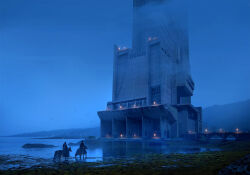  2boys arch blue_sky bridge building commentary english_commentary flock fog from_behind highres horseback_riding lake landscape moss mountainous_horizon multiple_boys night original outdoors painterly raphael-lacoste riding rock scenery shore signature sky torch tower 