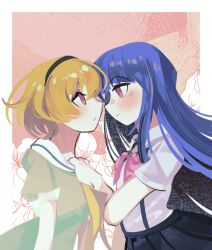  2girls black_hairband black_skirt blonde_hair blue_hair blunt_bangs blush bow cicococo closed_mouth dress dress_shirt eye_contact flower furude_rika green_dress hairband hand_on_another's_shoulder highres higurashi_no_naku_koro_ni houjou_satoko long_hair looking_at_another multiple_girls neckerchief pleated_skirt purple_bow sailor_collar sailor_dress shirt short_hair short_sleeves skirt suspenders white_sailor_collar white_shirt yellow_neckerchief 