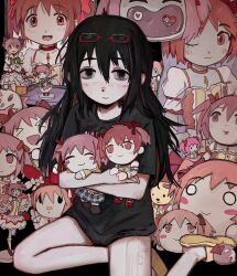  1girl absurdres akemi_homura backpack bag black_hair black_shirt blush body_pillow bow character_backpack character_doll chest_jewel choker closed_mouth commentary dakimakura_(object) doll dress eyewear_on_head fffkorobka figure full_body glasses grey_eyes hair_bow highres hugging_doll hugging_object kaname_madoka kaname_madoka_(magical_girl) light_smile long_hair looking_at_viewer mahou_shoujo_madoka_magica mahou_shoujo_madoka_magica_(anime) open_mouth pillow pink_dress pink_eyes pink_hair rectangular_eyewear red-framed_eyewear red_bow red_choker shirt short_hair short_twintails sitting slippers solo stuffed_animal stuffed_toy t-shirt teddy_bear twintails yellow_slippers 