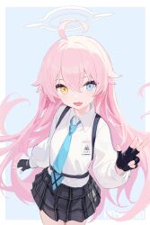  1girl :d absurdres ahoge aqua_background black_gloves black_skirt blue_archive blue_eyes blue_necktie blush border character_name chinese_commentary collared_shirt commentary_request cowboy_shot fang fingerless_gloves floating_hair gloves hair_between_eyes hair_flaps halo heterochromia highres hoshino_(blue_archive) id_card long_hair long_sleeves looking_at_viewer mixed-language_commentary multi-source_commentary necktie nyarnya open_mouth outside_border pink_hair plaid_clothes plaid_skirt pleated_skirt puffy_long_sleeves puffy_sleeves shirt simple_background skin_fang skirt smile solo very_long_hair w white_border white_shirt yellow_eyes 