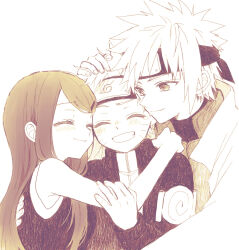  1girl 2boys anzu_(o6v6o) closed_eyes closed_mouth dress facial_mark family forehead_protector group_hug hair_ornament hairclip hand_on_another's_head hug konohagakure_symbol long_hair long_sleeves multiple_boys namikaze_minato naruto_(series) naruto_shippuuden open_mouth short_hair sleeveless sleeveless_dress smile spiky_hair upper_body uzumaki_kushina uzumaki_naruto whisker_markings 