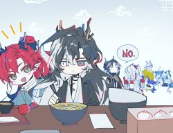  3girls 4boys absurdres arknights bowl brother_and_sister brothers chibi chongyue_(arknights) chopsticks dim_sum dragon_boy dragon_girl dragon_horns food heishisei heterochromia highres holding holding_chopsticks horns ling_(arknights) multiple_boys multiple_girls nian_(arknights) noodles shu_(arknights) siblings sisters smile wang_(arknights) yi_(arknights) yu_(arknights) 