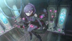  1girl 3others arm_support asahina_mafuyu black_gloves black_leotard black_pantyhose black_shoes blue_eyes breasts clothing_cutout colorful_palette elbow_gloves fake_tail frilled_sleeves frills full_body game_cg gem gloves hair_ornament hair_over_shoulder hand_up heart heart_tail high_ponytail highres holding laboratory leotard looking_at_object medium_breasts medium_hair multicolored_eyes multiple_others neck_ribbon official_alternate_costume official_art pantyhose parted_lips ponytail project_sekai purple_gem purple_hair purple_ribbon ribbon see-through_clothes see-through_sleeves shoes shoulder_cutout sitting solo stasis_tank tail third-party_source tomoni_true_route_wo_mezashite_(project_sekai) two-tone_eyes violet_eyes wavy_hair white_trim 
