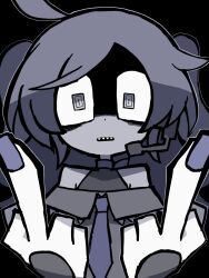  1other 9chrono0 ahoge bags_under_eyes bare_shoulders black_background blue_choker blue_nails blue_necktie choker double_middle_finger grey_eyes grey_hair grey_shirt hashtag-only_commentary headphones highres long_hair looking_at_viewer middle_finger necktie open_mouth other-focus shaded_face sharp_teeth shiine_kasu shirt simple_background solo teeth twintails upper_body vocaloid 