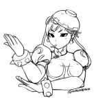  1girl bowl bracelet breasts bun_cover china_dress chinese_clothes chun-li commentary double_bun earrings food food_in_mouth food_on_head jewelry kuroonehalf lineart monochrome noodles object_on_head puffy_sleeves short_hair solo spiked_bracelet spikes street_fighter street_fighter_v twitter_username 