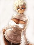  1girl black_legwear blonde_hair blue_eyes blush breasts cleavage cleavage_cutout dark_skin gin_ji glasses large_breasts looking_at_viewer open-chest_sweater original pantyhose ribbed_sweater short_hair simple_background smile solo sweater thighband_pantyhose turtleneck turtleneck_sweater 