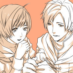  1boy 1girl ahoge bird bird_on_hand commentary_request fire_emblem fire_emblem:_radiant_dawn juu_satoshi laura_(fire_emblem) lower_teeth_only orange_theme parted_lips rhys_(fire_emblem) short_hair simple_background teeth upper_teeth_only 