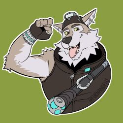  1boy animal_ears artist_name claws earrings english_commentary fangs fdolagaray fingerless_gloves fortnite furry furry_male gloves grey_vest highres jewelry looking_at_viewer male_focus open_mouth tongue vest wendell_(fortnite) wolf_boy wolf_ears 