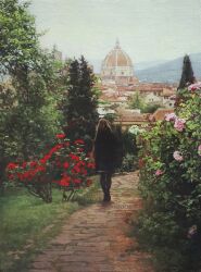  1girl absurdres apartment brown_hair building city commentary_request day dome flower highres house long_hair naohiro_ito oil_painting_(medium) original painting_(medium) path pink_flower pink_rose roof_shingles rose rose_bush solo traditional_media tree 