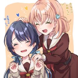  2girls :d ^_^ arrow_(symbol) blue_ribbon border brown_cardigan brown_dress cardigan closed_eyes commentary_request dress expressive_hair hair_ornament hair_ribbon hair_wagging hands_up hasu_no_sora_school_uniform headpat heart highres hinoshita_kaho kyaku_tasu leaning_forward link!_like!_love_live! long_sleeves love_live! low_twintails medium_hair mole mole_on_neck multiple_girls murano_sayaka neckerchief open_cardigan open_clothes open_mouth orange_background orange_hair outside_border rabbit_hair_ornament red_neckerchief ribbon sailor_collar sailor_dress school_uniform smile translation_request twintails two_side_up virtual_youtuber white_border white_sailor_collar winter_uniform 
