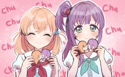  2girls ^_^ aqua_neckerchief blue_dress cerise_bouquet character_doll closed_eyes closed_mouth commentary_request doll dolls_kissing dress expressive_hair facing_viewer flower gradient_background hair_bun hair_flower hair_ornament hasu_no_sora_school_uniform highres hinoshita_kaho holding holding_doll kyaku_tasu link!_like!_love_live! looking_at_object love_live! medium_hair multiple_girls neckerchief nesoberi orange_hair otomune_kozue outline pink_background puffy_short_sleeves puffy_sleeves purple_hair rabbit_hair_ornament red_flower red_neckerchief sailor_collar sailor_dress school_uniform short_sleeves side_ponytail sidelocks single_side_bun smile summer_uniform tassel tassel_hair_ornament two_side_up virtual_youtuber white_outline white_sailor_collar yuri 