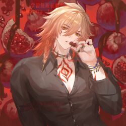  1boy arm_tattoo armlet black_shirt blonde_hair braid chest_tattoo chocolate collarbone commentary facial_tattoo gold_necklace gold_ring gradient_hair highres honkai:_star_rail honkai_(series) jewelry looking_at_viewer male_focus medium_hair multicolored_hair multiple_rings mydei_(hello_world!)_(honkai:_star_rail) mydei_(honkai:_star_rail) necklace official_alternate_costume red_hair red_tattoo ring shirt side_braid solo tanemaki_monaka tattoo untranslatable_commentary upper_body watermark yellow_eyes 