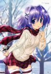  1girl :p absurdres aran_sweater blurry blush copyright_request depth_of_field gift hair_intakes heart highres komatsu_eiji leaning_forward object_behind_back plaid plaid_scarf plaid_skirt pleated_skirt purple_hair scan scarf short_hair skirt snow solo sunlight sweater thigh-highs tongue tongue_out tree violet_eyes white_legwear winter zettai_ryouiki 