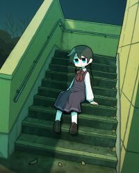  1girl autumn_leaves black_dress black_hair black_shoes blue_eyes bow bowtie child commentary_request dress expressionless highres leaf loafers long_sleeves no_pupils original outdoors pinafore_dress red_bow red_bowtie shoes sitting sleeveless sleeveless_dress solo stairs takurada twintails 