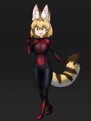 1girl :d absurdres animal_ear_fluff animal_ears animal_print artist_name blonde_hair blue_bodysuit blush bodysuit breasts cat_ears cat_girl cat_tail commentary cosplay crossed_legs curled_fingers extra_ears full_body grey_background hair_between_eyes hand_up highres jonstrange0613 kemono_friends kemono_friends_2 large_breasts looking_at_viewer marvel multicolored_bodysuit open_mouth print_bodysuit red_bodysuit serval_(kemono_friends) short_hair signature smile solo spider-man spider-man_(cosplay) spider-man_(series) spider_print spider_web_print standing striped_tail superhero_costume tail teeth the_amazing_spider-man_2 two-tone_bodysuit upper_teeth_only waving web_shooter yellow_eyes yellow_tail 