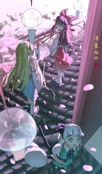  3girls absurdres artist_name ascot black_bow black_hair black_hairband blonde_hair blue_skirt bow bowtie brown_hair cherry_blossoms closed_eyes collared_shirt commentary_request detached_sleeves dress frilled_bow frilled_hair_tubes frilled_skirt frills from_above full_body gohei green_eyes green_hair green_skirt green_vest hair_bow hair_ornament hair_tubes hairband hakurei_reimu haoli_mei_an highres hitodama holding holding_gohei japanese_clothes kochiya_sanae konpaku_youmu konpaku_youmu_(ghost) long_hair multiple_girls nontraditional_miko open_mouth outdoors petals purple_hair red_bow red_dress red_shirt red_skirt ribbon ribbon-trimmed_sleeves ribbon_trim shirt shoes short_hair short_sleeves signature skirt skirt_set smile socks stairs standing sword touhou vest weapon white_hair white_shirt white_sleeves white_socks wide_sleeves wind_chime yellow_ascot 