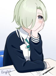  1girl arm_on_table black_jacket blonde_hair blue_eyes blush chair commentary_request desk english_text green_ribbon hair_over_one_eye head_rest highres ishimochi_(daleka333) jacket long_sleeves love_live! love_live!_nijigasaki_high_school_idol_club mechanical_pencil medium_hair mia_taylor neck_ribbon nijigasaki_school_uniform notebook pencil ribbon school_desk school_uniform sitting solo white_background winter_uniform 