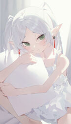  1girl :t absurdres aqua_eyes blush commentary_request curtains day dress earrings elf fingernails frieren green_eyes grey_hair head_on_pillow head_tilt highres hugging_object indian_style indoors jewelry legs negligee on_bed pajamas pillow pillow_hug pointy_ears shadow side_sitting_split sitting sleepwear solo songyang_syouyou sousou_no_frieren sunlight twintails white_dress white_hair 