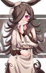  1girl absurdres amamoru_21 animal_ears blush bow_hairband brown_dress brown_hair brown_hairband brown_ribbon casual collared_dress commentary_request dress flipped_hair hair_over_one_eye hairband highres horse_ears horse_girl horse_tail long_hair long_sleeves looking_at_viewer open_mouth ribbon rice_shower_(casual)_(umamusume) rice_shower_(umamusume) smile solo tail umamusume violet_eyes white_hairband 