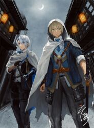  2boys armor black_gloves blonde_hair blue_eyes cloak collared_shirt commentary_request crescent_moon fighting_stance fog gloves green_eyes highres hood hood_up hooded_cloak jacket japanese_armor katana lantern male_focus menpoo moon multiple_boys necktie night outdoors pants ready_to_draw sakesoboro_(w_ua9) sayagata shirt short_hair sword touken_ranbu two-sided_cloak two-sided_fabric vest waistcoat walking weapon white_cloak white_hair yamanbagiri_chougi yamanbagiri_kunihiro 