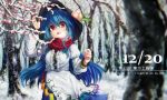  1girl blue_hair dqn_(dqnww) food forest fruit hat highres hinanawi_tenshi juliet_sleeves long_hair long_sleeves nature peach puffy_sleeves red_eyes scarf shirt skirt snow solo touhou very_long_hair winter 