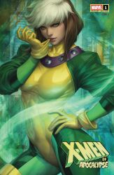  1girl absurdres biting biting_glove bodysuit brown_hair comic_cover copyright_logo copyright_name cover cover_page cowboy_shot english_text gloves green_background green_bodysuit green_eyes hand_on_own_hip highres leotard logo looking_at_viewer marvel mouth_hold multicolored_hair official_art rogue_(x-men) short_hair stanley_lau superhero_costume white_hair x-men yellow_gloves yellow_leotard 
