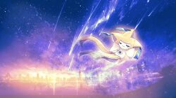  1other arms_up blue_eyes building chisen_maimai city closed_eyes closed_mouth clouds colored_skin commentary_request floating full_body gradient_sky highres horizon jirachi lamppost other_focus outstretched_arms pokemon pokemon_(creature) purple_sky scenery shooting_star sky skyscraper solo sparkle spread_arms star_(sky) starry_sky sunset third_eye third_eye_on_chest u_u white_skin 