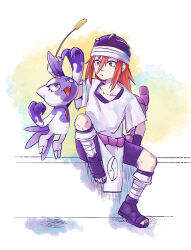  1girl black_hat black_sandals black_shorts commentary foxtail full_body hat helmet highres hisuian_sneasel holding holding_plant long_hair looking_at_animal naruto_(classic) naruto_(series) ninja orange_eyes pelvic_curtain plant pokemon pokemon_(creature) red_hair rope sandals shimenawa shirt short_sleeves shorts sitting tayuya_(naruto) undershirt white_background white_shirt wide-eyed yanbonya yin_yang 
