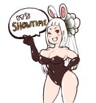 1girl animal_ears bare_shoulders black_gloves blush_stickers bravely_second breast_press breasts bunnysuit cleavage elbow_gloves fake_animal_ears gloves hand_on_hip inkerton-kun large_breasts long_hair magnolia_arch rabbit_ears simple_background smile solo thighs white_background white_hair winking 