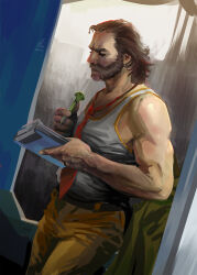  1boy belt blazer brown_hair clipboard commentary cowboy_shot disco_elysium dutch_angle english_commentary facial_hair furrowed_brow green_jacket hair_slicked_back harry_du_bois hel777 highres holding holding_clipboard holding_pen jacket male_focus mutton_chops narrowed_eyes necktie painterly pen red_necktie solo tank_top unworn_jacket white_tank_top 