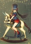  1girl aruterra black_eyes black_hair bow confetti gloves hat high_heels highres long_hair marching_band original riding rocking_horse skirt smile solo straddling tagme unicorn 