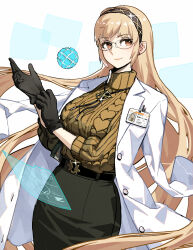  1girl adjusting_clothes adjusting_gloves belt black_belt black_gloves black_skirt blonde_hair brown_eyes brown_sweater coat coat_on_shoulders commentary_request demeter_(fate) demeter_(second_ascension)_(fate) earrings fate/grand_order fate_(series) glasses gloves hairband highres holographic_interface id_card jewelry lab_coat long_hair official_artist_extra okojo skirt sweater 