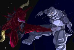  arm_blade claws cyborg full_body giant giant_monster gigan gigan_(gigan1024896) gigan_rex godzilla_(series) godzilla_vs._gigan_rex godzilla_vs._mechagodzilla_ii gundam highres horns kaiju mecha mechagodzilla mechagodzilla_(1993) mobile_suit_gundam monster open_mouth red_eyes red_scales robot saw scene_reference sharp_teeth space star_(sky) tail teeth tokusatsu weapon yellow_eyes zero_gravity 