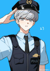  1boy absurdres bisho_imobing_hito black_necktie blue_background blue_shirt collared_shirt commentary_request grey_eyes grey_hair hat highres looking_at_viewer male_focus narukami_yu necktie parted_lips persona persona_4 police police_hat police_uniform radio salute shirt short_hair short_sleeves simple_background solo upper_body vest 