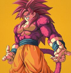  1boy blue_sash blue_wrist_cuffs body_fur bure_(fantasticyouth7) clenched_teeth commentary_request cowboy_shot dragon_ball dragon_ball_daima highres long_hair male_focus monkey_tail muscular muscular_male orange_pants pants red_eyes red_fur red_hair red_tail sash simple_background solo son_goku spiky_hair super_saiyan super_saiyan_4 tail teeth topless_male wrist_cuffs yellow_background 