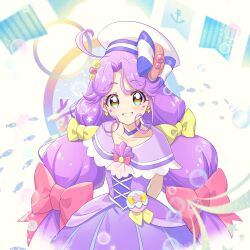  1girl absurdres arms_behind_back blue_bow blue_eyes bow brooch brown_eyes capelet choker commentary cure_coral dress earrings facial_mark grin hair_bow hat hat_bow heart heart_facial_mark highres jewelry long_hair looking_at_viewer low_twintails magical_girl multicolored_eyes precure purple_capelet purple_choker purple_dress purple_hair rice_rabbit22 sailor_hat shell_brooch smile solo suzumura_sango tropical-rouge!_precure twintails very_long_hair white_hat yellow_bow 