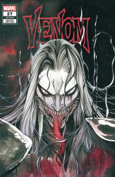  1boy armor black_background colored_skin comic_cover copyright_logo copyright_name cover cover_page horror_(theme) knull_(marvel) logo long_hair long_tongue looking_at_viewer male_focus marvel monster_boy no_pupils official_art open_mouth painting_(medium) parted_bangs pauldrons peach_momoko portrait sharp_teeth shoulder_armor solo split_mouth symbiote teeth third-party_source tongue traditional_media very_long_tongue watercolor_(medium) white_hair white_skin 