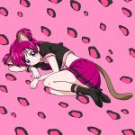  1girl animal_ears cat_ears cat_tail kemonomimi_mode lying niita on_side panther_pink_(precure) pink_background pink_hair pink_skirt precure shirt shoes short_hair skirt smile solo tail two_side_up violet_eyes yes!_precure_5 yumehara_nozomi 