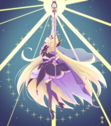  1girl ahoge antenna_hair artist_name black_dress black_pantyhose black_ribbon blonde_hair blue_background commentary_request cure_arcana_shadow dress full_body gem hair_ornament hair_ribbon high_heels highres holding holding_wand light_particles long_hair looking_up magical_girl meitantei_precure! moria_luluka neck_ribbon pantyhose precure princess purple_veil queen ribbon skirt sky sparkle star_(sky) starry_sky suzuri_desuyo veil very_long_hair wand 