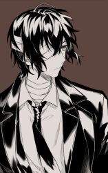  1boy bandage_over_one_eye bandaged_neck bandages black_hair brown_background brown_eyes bungou_stray_dogs collared_shirt commentary_request dazai_osamu_(bungou_stray_dogs) jacket lapels looking_to_the_side male_focus necktie notched_lapels orz1016 shirt short_hair simple_background solo spot_color 