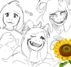  1boy 2025 2d alternate_form animal_ears anthro asriel_dreemurr asriel_dreemurr_(god_of_hyperdeath) black_sclera body_fur colored_sclera crying digital_media droopy_ears face_mark fangs floppy_ears flower furry furry_male goat goat_boy goat_ears goat_horns highres horizontal-striped_clothes horns long_sleeves male male_focus male_only mammal monochrome monster monster_boy multiple_views open_mouth own_hands_together photo_inset robe shirt simple_background sketch solo striped_clothes striped_shirt tears text ttudolee undertale upper_body utdr_(toby_fox) white_background yellow_flower 