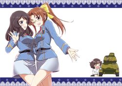  3girls akiyama_yukari arm_around_waist belt blue_eyes blush border bow brown_hair cover cover_page doujin_cover drooling girls_und_panzer glasses hair_bow long_hair military military_uniform military_vehicle multiple_girls necktie open_mouth original ponytail saitaniya_ryouichi school_uniform short_hair simple_background skirt smile tank uniform vehicle white_background 