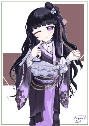  1girl absurdres black_hair commentary_request dress flower frilled_dress frills hair_flower hair_ornament highres hime_cut japanese_clothes long_hair looking_at_viewer magical_girl mahou_shoujo_no_inshuu_mura obi one_eye_closed sash smile tegaki_d_tea violet_eyes wide_sleeves yakushidou_shii 