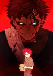  1boy a_coffan artist_name black_eyeliner black_sclera blue_eyes bucket colored_sclera cowboy_shot cracked_skin eyeliner furrowed_brow gaara_(naruto) grey_shorts grin heterochromia highres holding holding_bucket makeup male_focus naruto_(classic) naruto_(series) no_eyebrows red_background red_hair sash scar scar_on_face scar_on_forehead short_hair shorts smile solo teeth upper_body white_sash yellow_eyes 