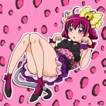  1girl animal_ears bell bow cat_ears cat_tail choker convenient_leg hair_bow hoshizora_miyuki jingle_bell kemonomimi_mode niita panther_pink_(precure) paw_pose pink_background pink_eyes pink_hair precure shoes short_hair short_twintails skirt smile_precure! socks solo tail twintails wrist_cuffs 