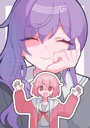  2girls :d @_@ ^_^ absurdres aegyo_sal asahina_mafuyu bob_cut border center-flap_bangs closed_eyes closed_mouth commentary_request eyes_visible_through_hair facing_viewer fingernails flat_chest grey_shirt hair_between_eyes hair_flaps hair_over_shoulder hand_on_own_cheek hand_on_own_face hand_up hands_up heart high_ponytail highres hitose_rei hood hood_down hooded_jacket index_finger_raised jacket long_sleeves looking_at_another miyamasuzaka_girls'_academy_school_uniform multiple_girls neckerchief ootori_emu open_clothes open_jacket open_mouth outline outside_border partially_shaded_face pink_eyes pink_hair pink_jacket ponytail project_sekai puffy_long_sleeves puffy_sleeves purple_border purple_hair red_neckerchief sailor_collar school_uniform shaded_face shirt sidelocks simple_background smile solo_focus sweat tareme upper_body v-shaped_eyebrows watermark wavy_hair white_background white_hood white_outline white_sailor_collar 