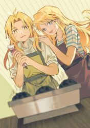  1boy 1girl absurdres ahoge apron blonde_hair blue_eyes blurry blurry_foreground brown_apron burnt_food cocked_eyebrow collared_shirt cupcake earrings edward_elric food fullmetal_alchemist furrowed_brow green_apron hair_between_eyes hand_on_another's_shoulder highres holding_pasteur_pipette jewelry long_hair lyjee_alt multiple_earrings nervous_smile open_mouth parted_bangs pasteur_pipette shirt short_sleeves sleeves_rolled_up smile striped_clothes striped_shirt sweatdrop upper_body white_shirt winry_rockbell yellow_eyes 