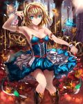  1girl adapted_costume alice_margatroid armpits bare_arms bare_shoulders blue_dress blue_eyes boots collarbone cross-laced_footwear dress hairband looking_at_viewer solo strapless_dress takane_soprano touhou wrist_cuffs 